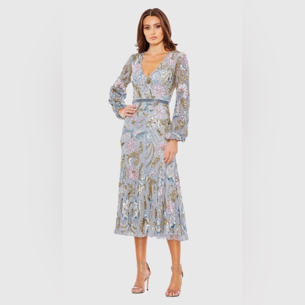NWT Mac Duggal 5423 Gray Platinum Multi Long Cuff Sleeve Midi Dress Size 12